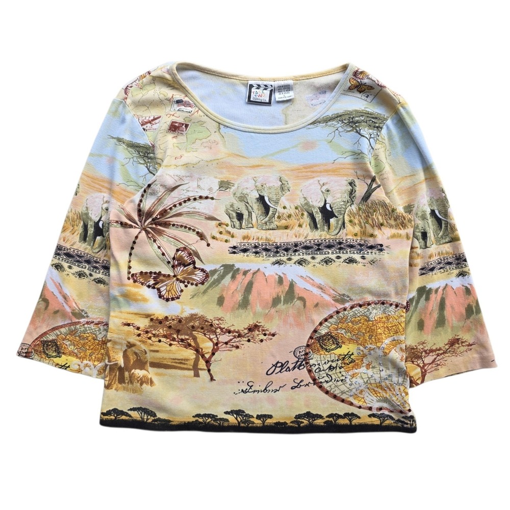 Y2K Euro Trash Top Sz‎ L Colorful Sequins Grunge All Over Graphic Elephants Boxy